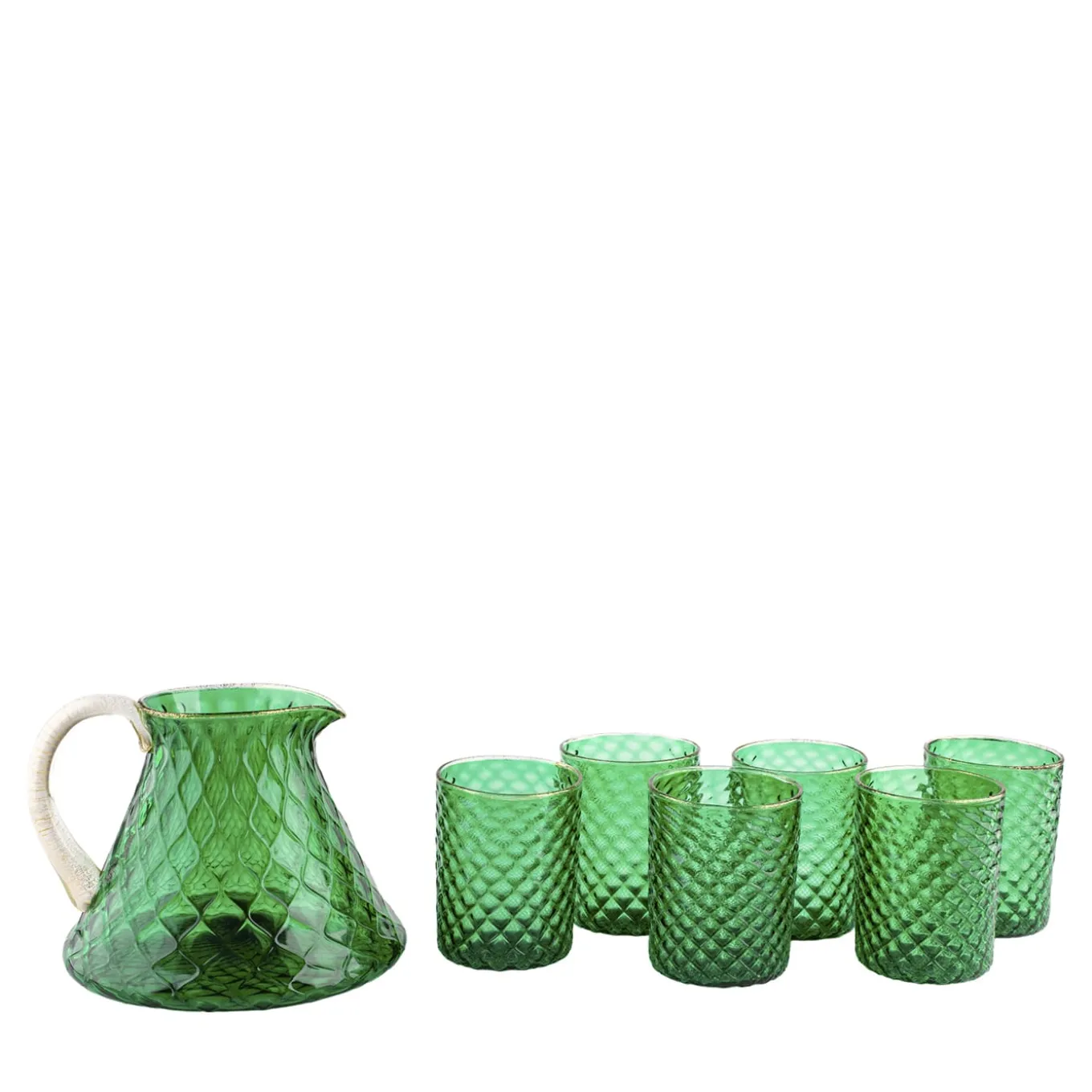 Set of Green Balloton Pitcher and 6 Glasses