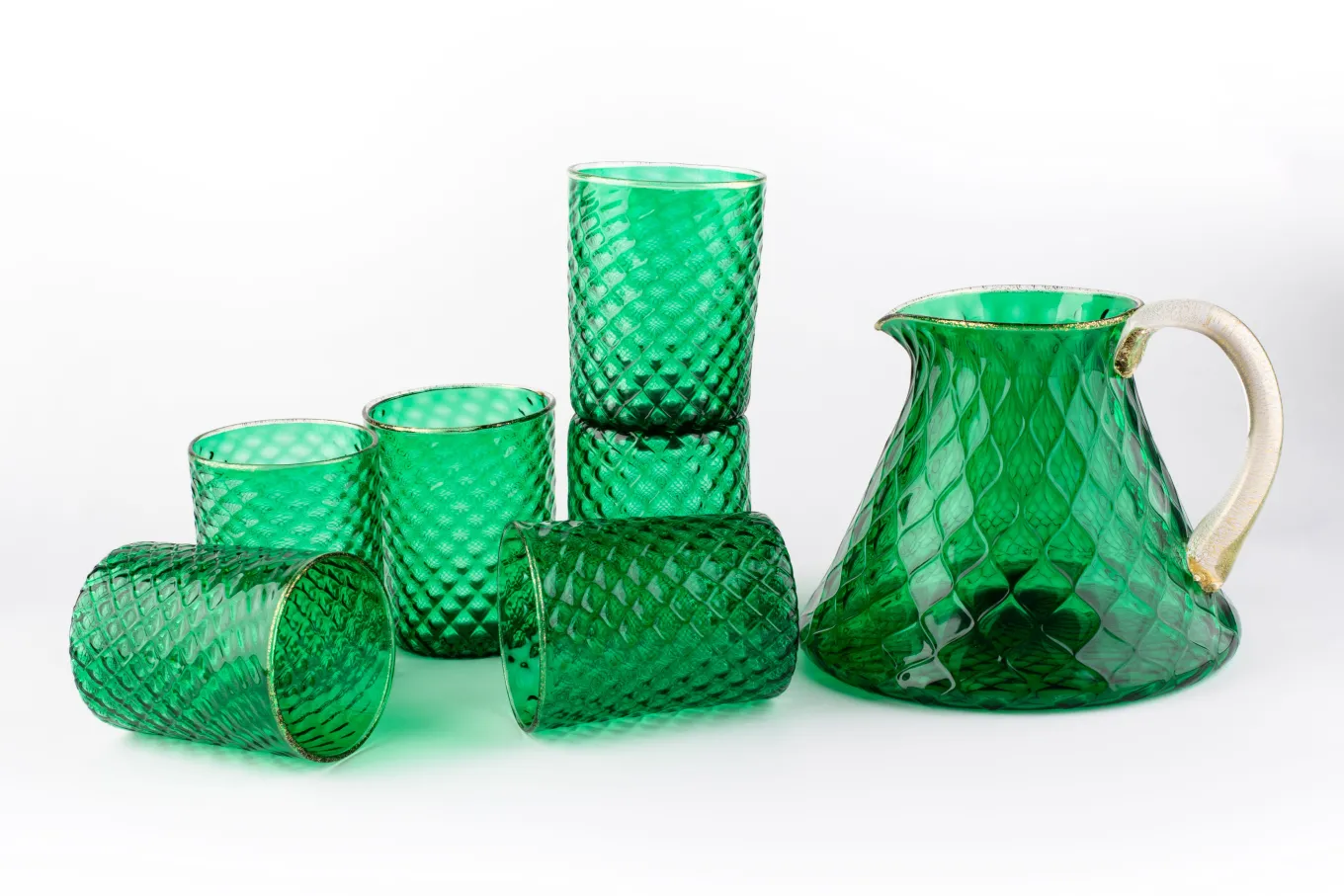 Set of Green Balloton Pitcher and 6 Glasses