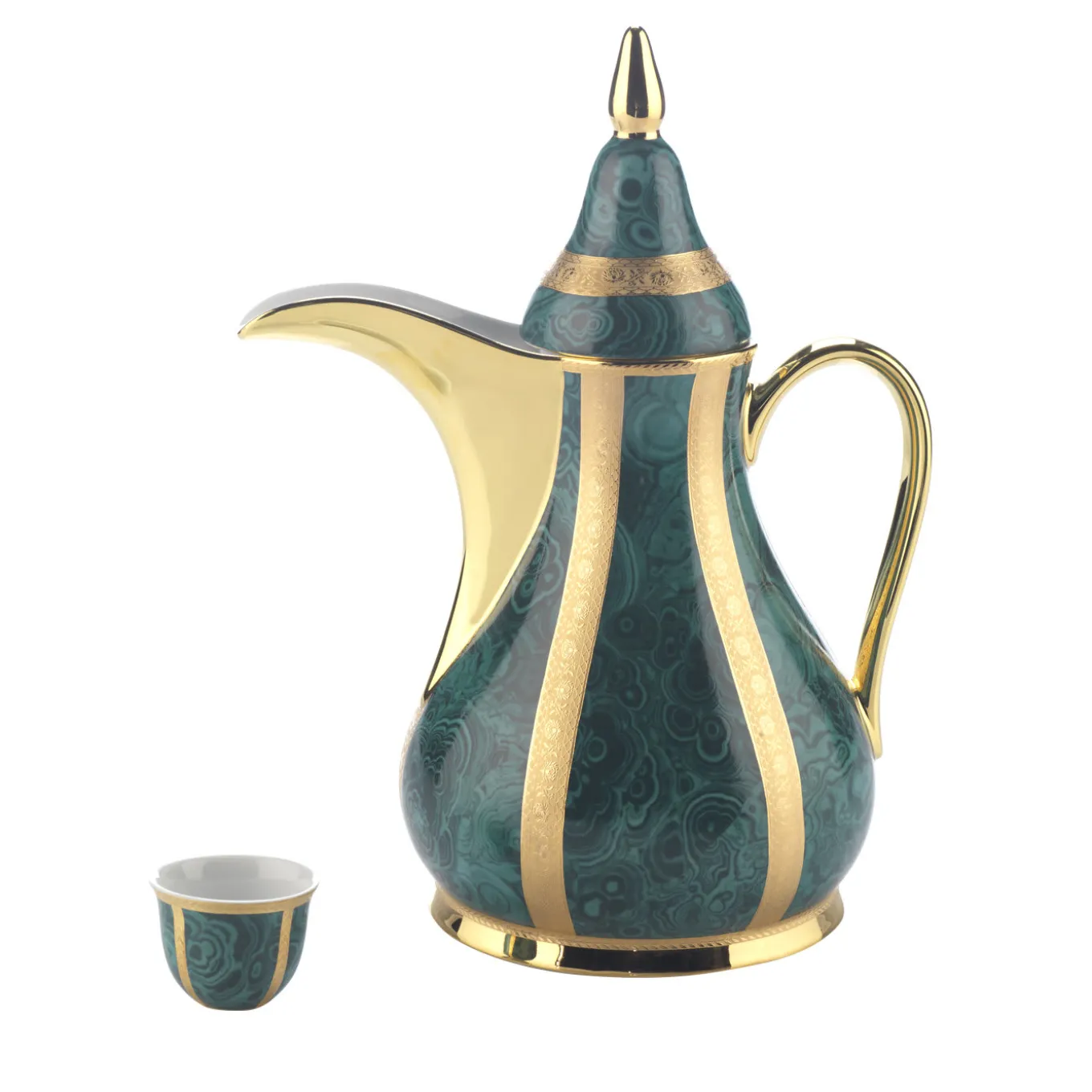 Set of Green Dallah Thermos and 6 Finjan Cups