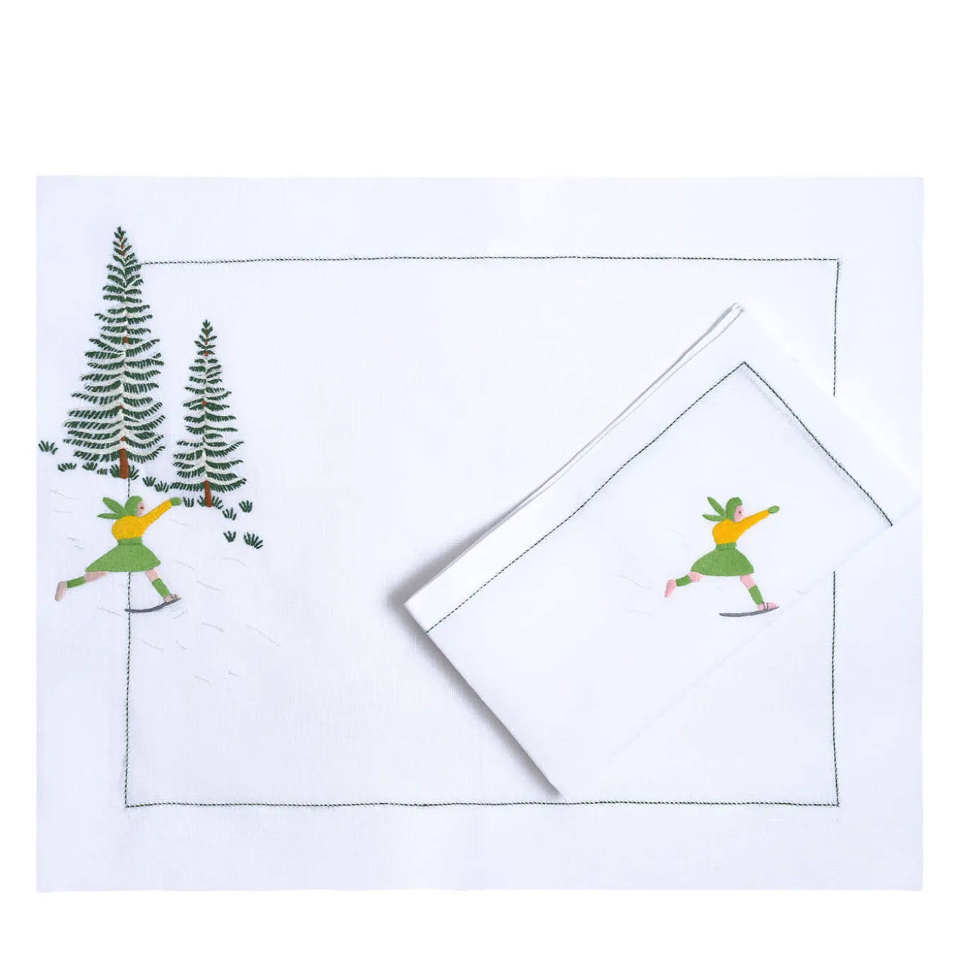 Set Of Hand-Embroidered Mountain Placemat And Napkin