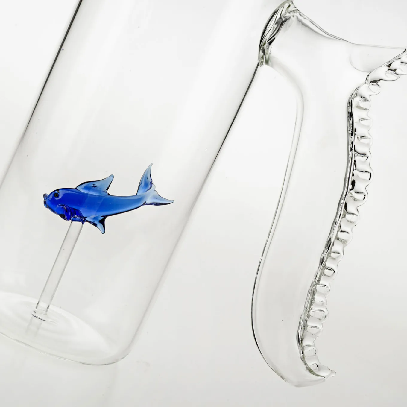 Set of Little Blue Fish Pitcher and Four Rounded Little Blue Fish Glasses