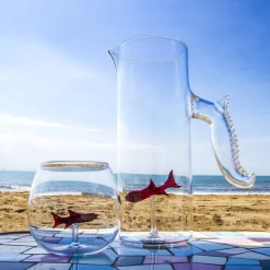 Set of Little Red Fish Pitcher and Four Rounded Little Fish Glasses