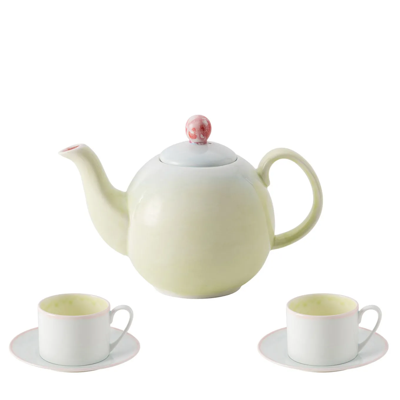 Set of Murrine Green Small Teapot with Two tea Cups and Saucers