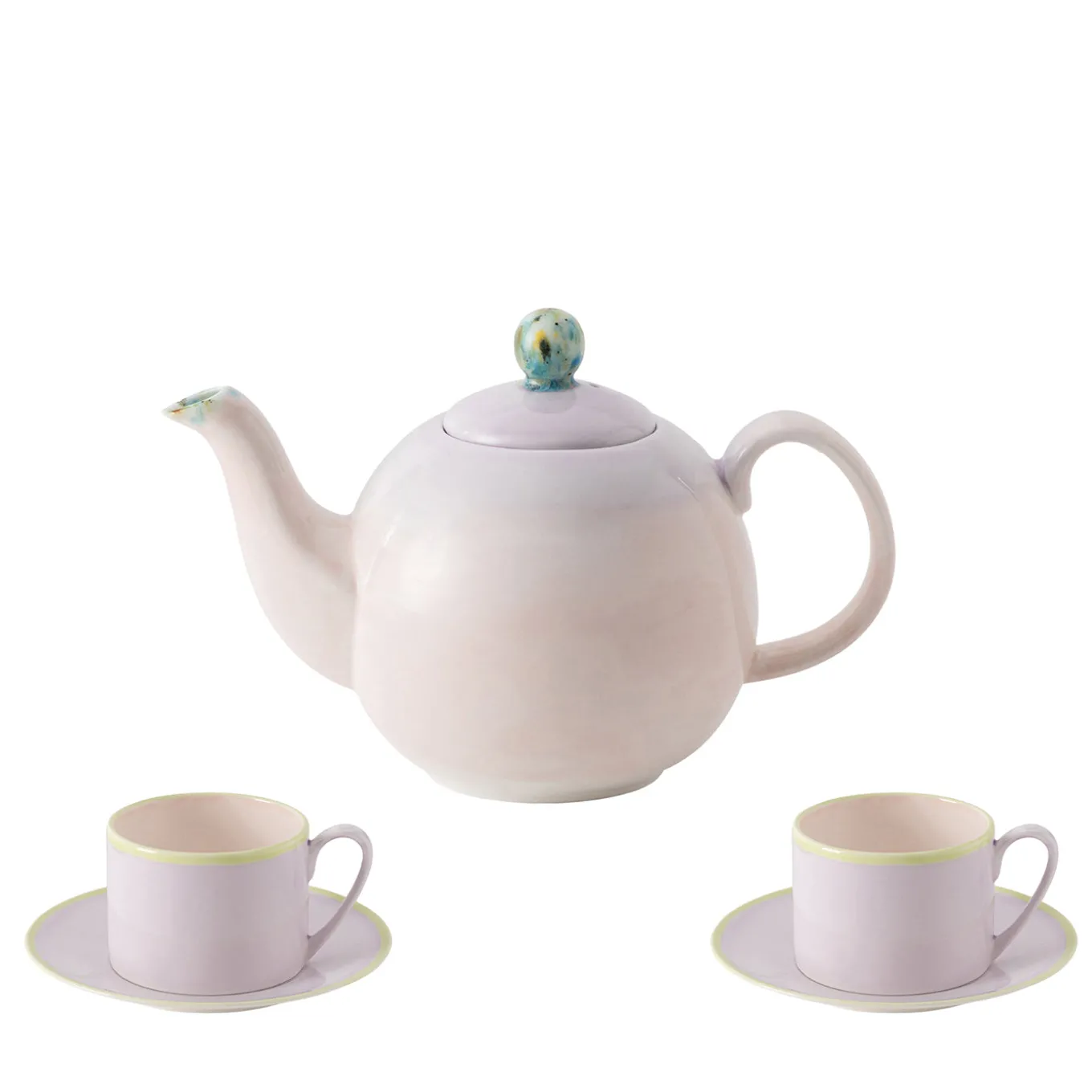 Set of Murrine Lilac Small Teapot with Two tea Cups and Saucers