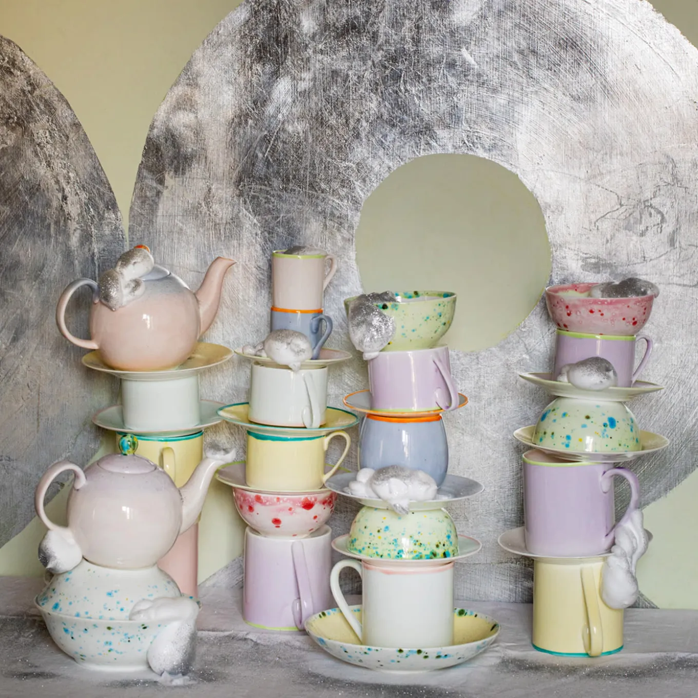 Set of Murrine Lilac Small Teapot with Two tea Cups and Saucers