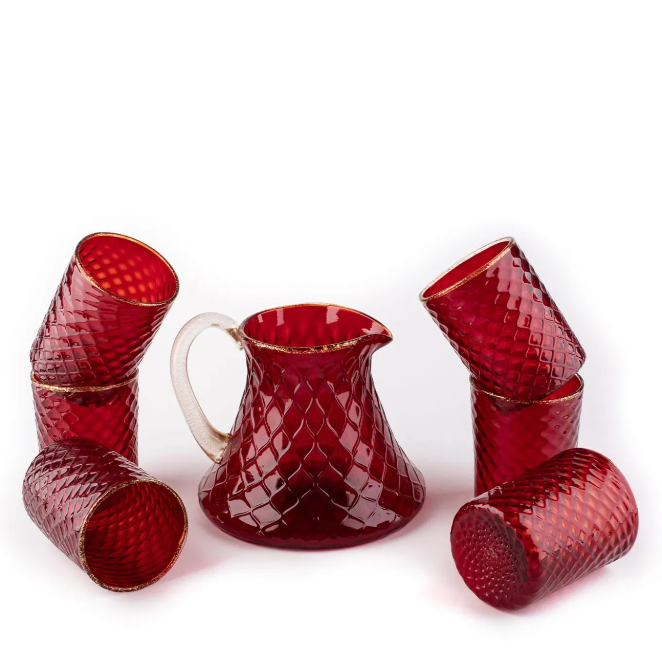 Set of Red Balloton Pitcher and 6 Glasses