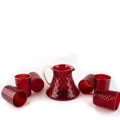 Set of Red Balloton Pitcher and 6 Glasses