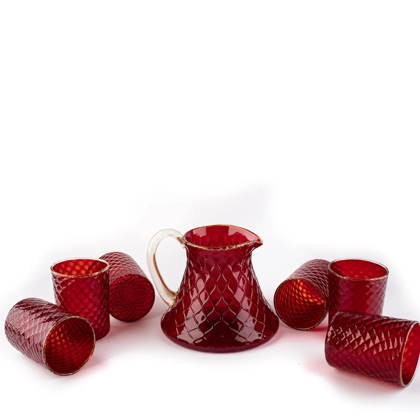 Set of Red Balloton Pitcher and 6 Glasses