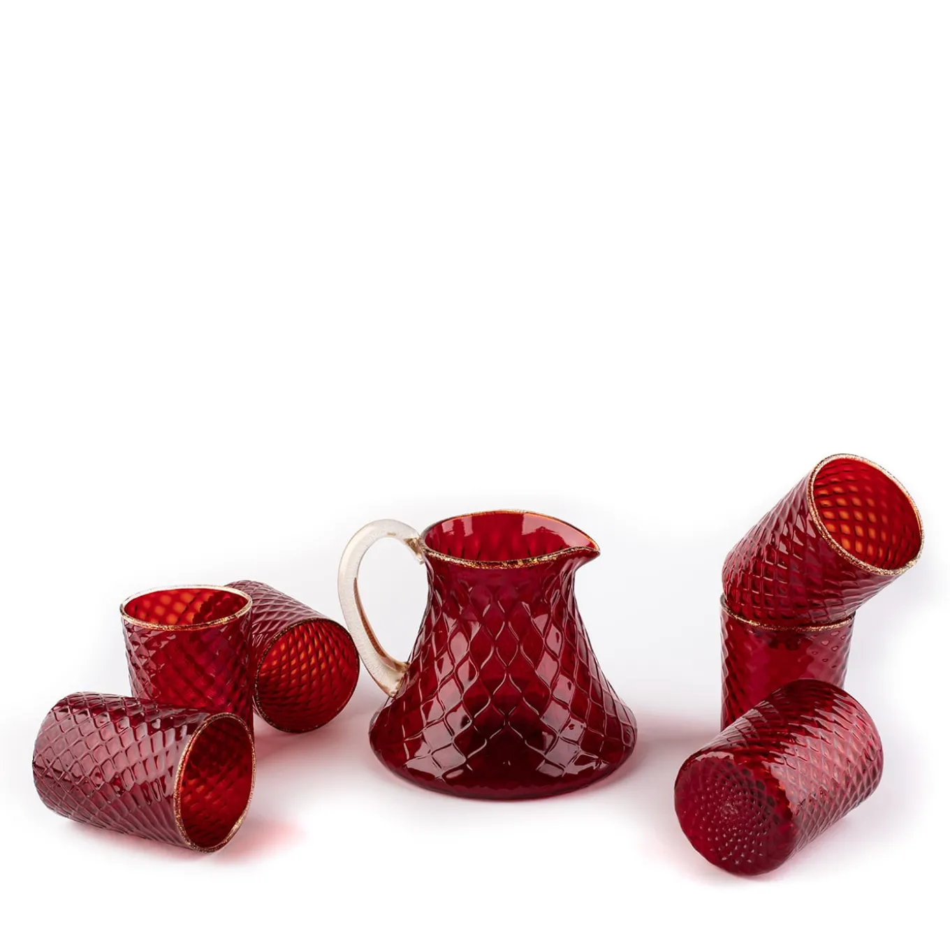 Set of Red Balloton Pitcher and 6 Glasses