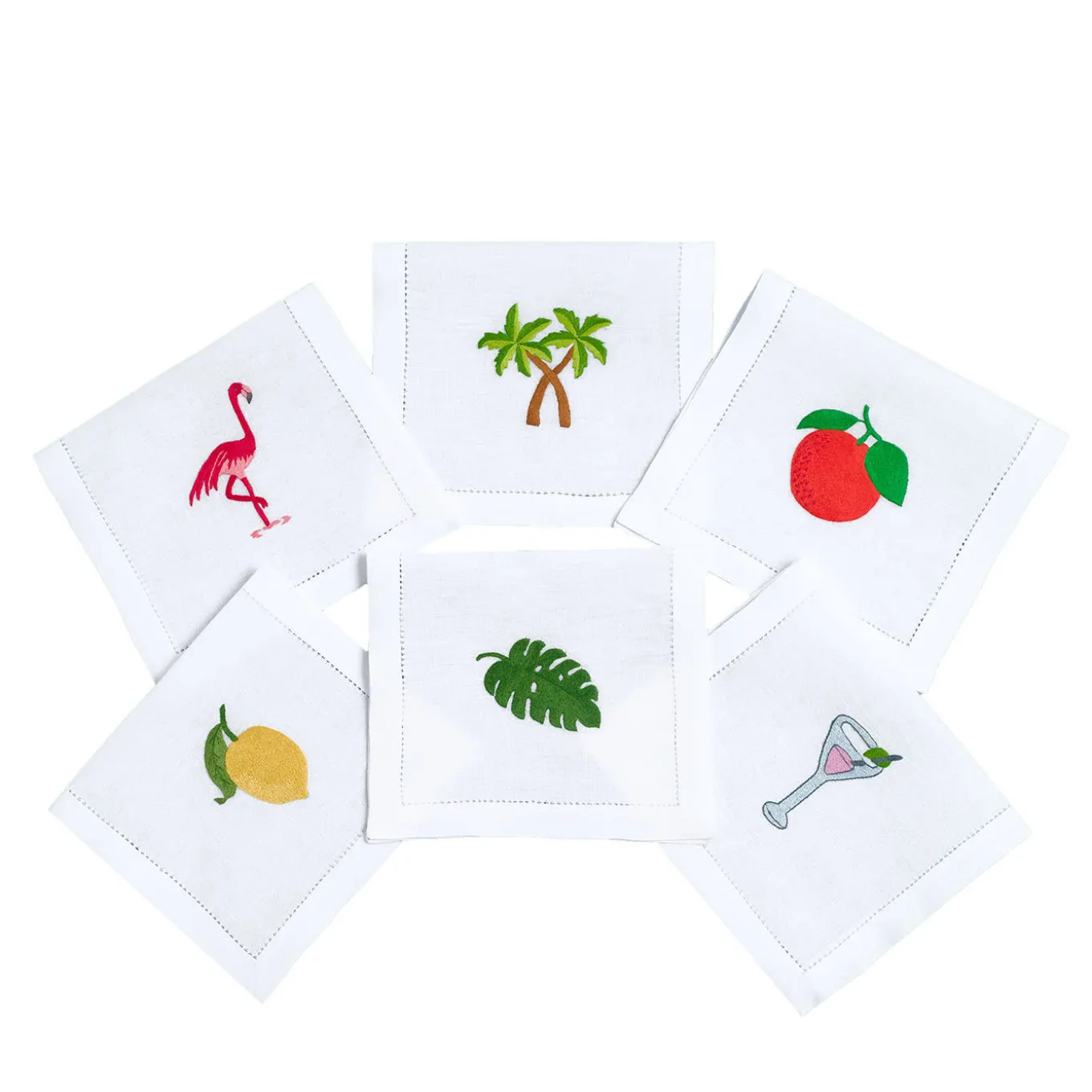 Set Of Six Flamingo & Co Hand-Embroidered Drink Placemats