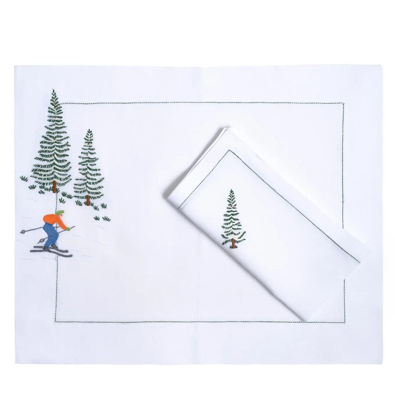 Set of Ski Hand Embroidered Placemat and Napkin #7