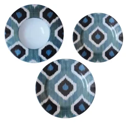 Set of Three Ikat Ceramic Plates in Blue and White for 1