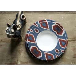 Set of Three Ikat Ceramic Plates in Blue Red and White for 1