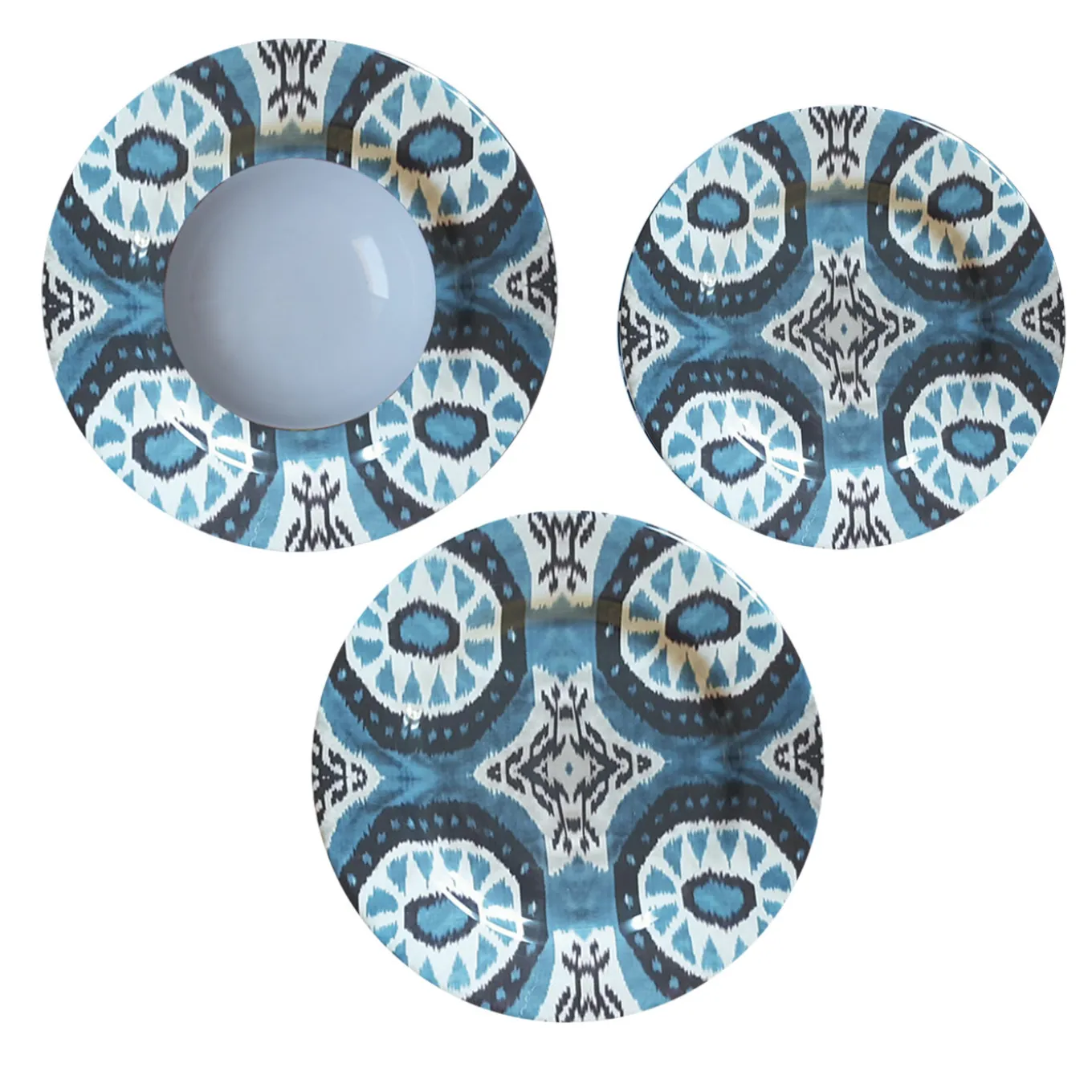 Set of Three Ikat Ceramic Plates in Blue Black and White for 1