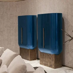 Siona Blue Polished Lacquered Wood And Leather Bar Unit