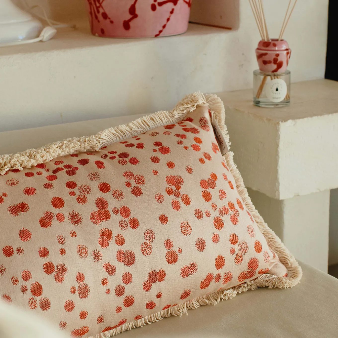 Small Fuchsia and Red Fringed Cushion