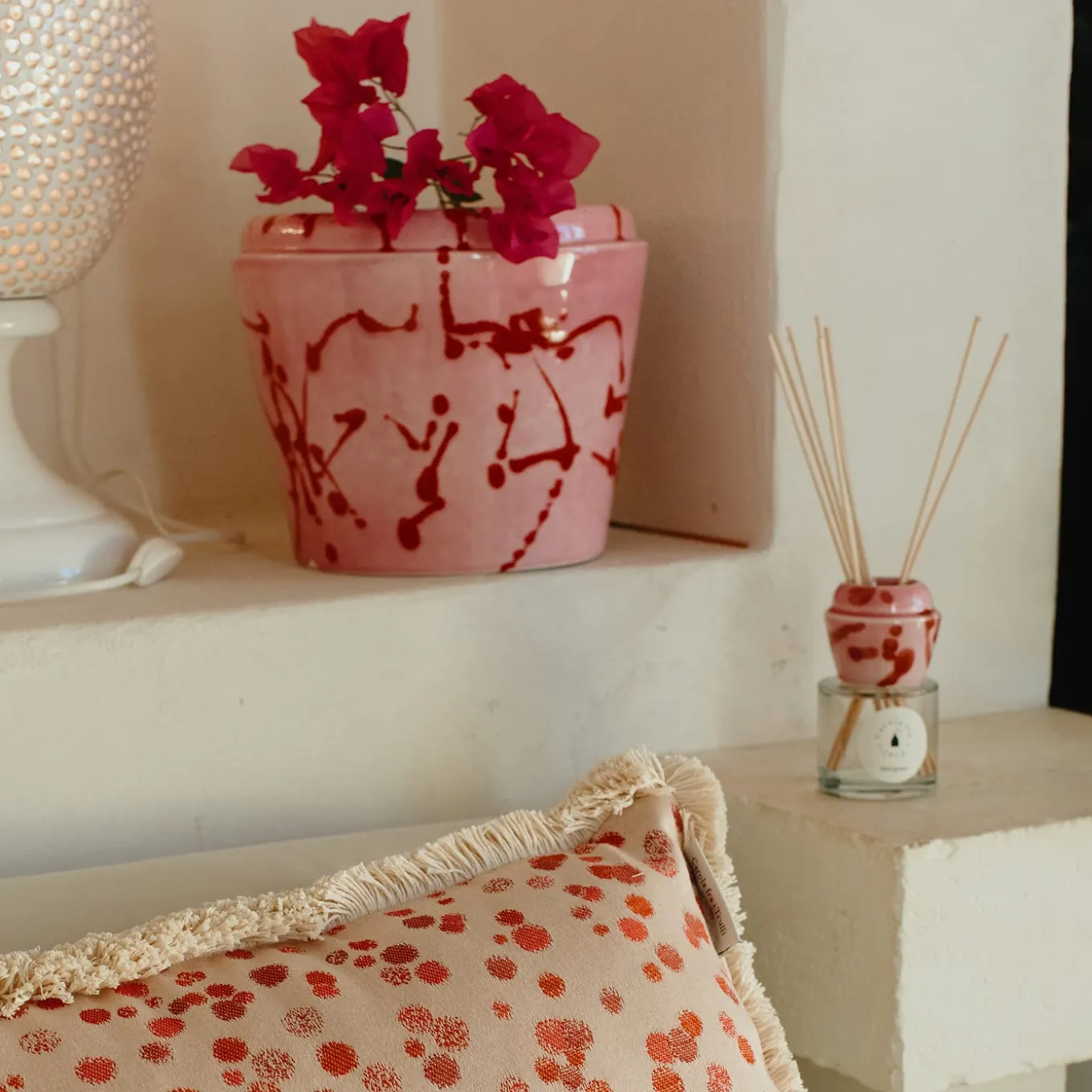 Small Fuchsia and Red Fringed Cushion