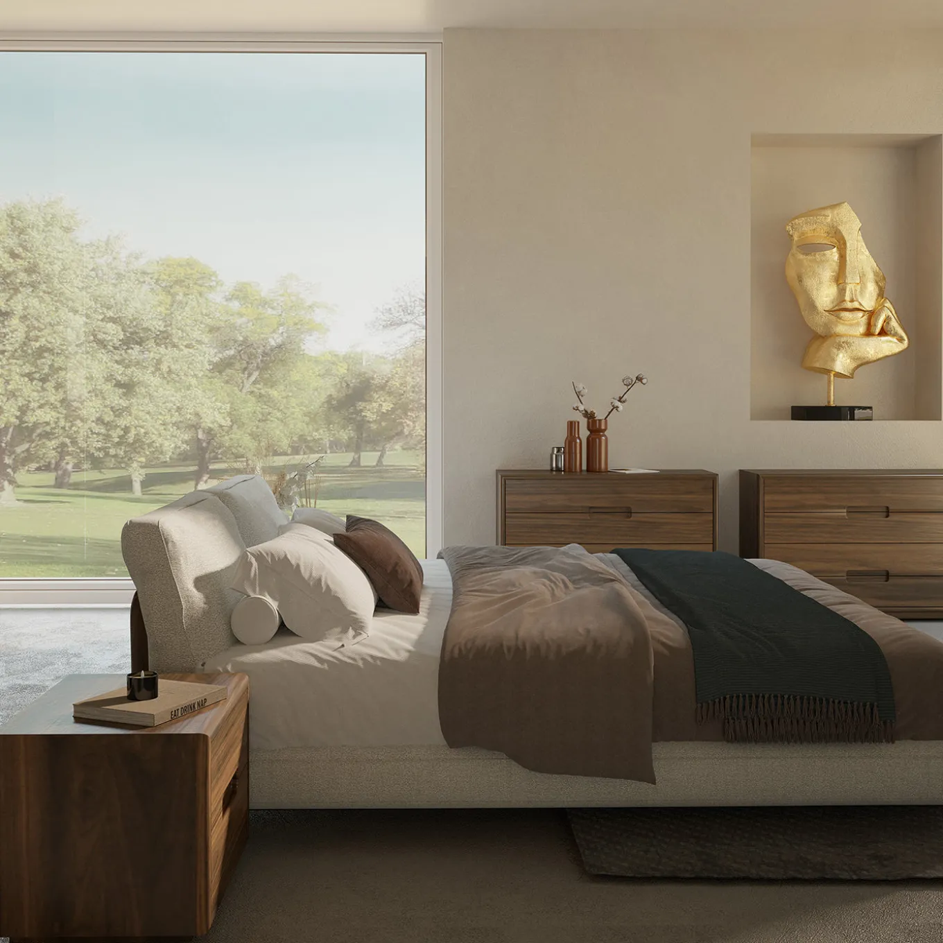 Sospiro solid walnut wood and Taupe bouclé fabric Bed