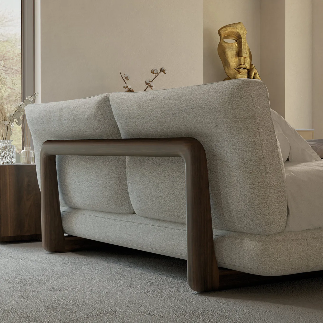 Sospiro solid walnut wood and Taupe bouclé fabric Bed
