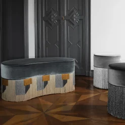 Sparkle Black Oval Ottoman with Black and Silver Fringe