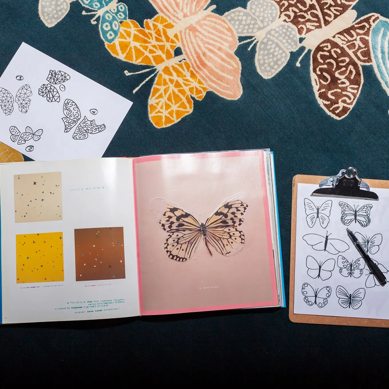 Spirit In The Night Sky Butterfly Blue Handmade Wool and Silk Round Rug