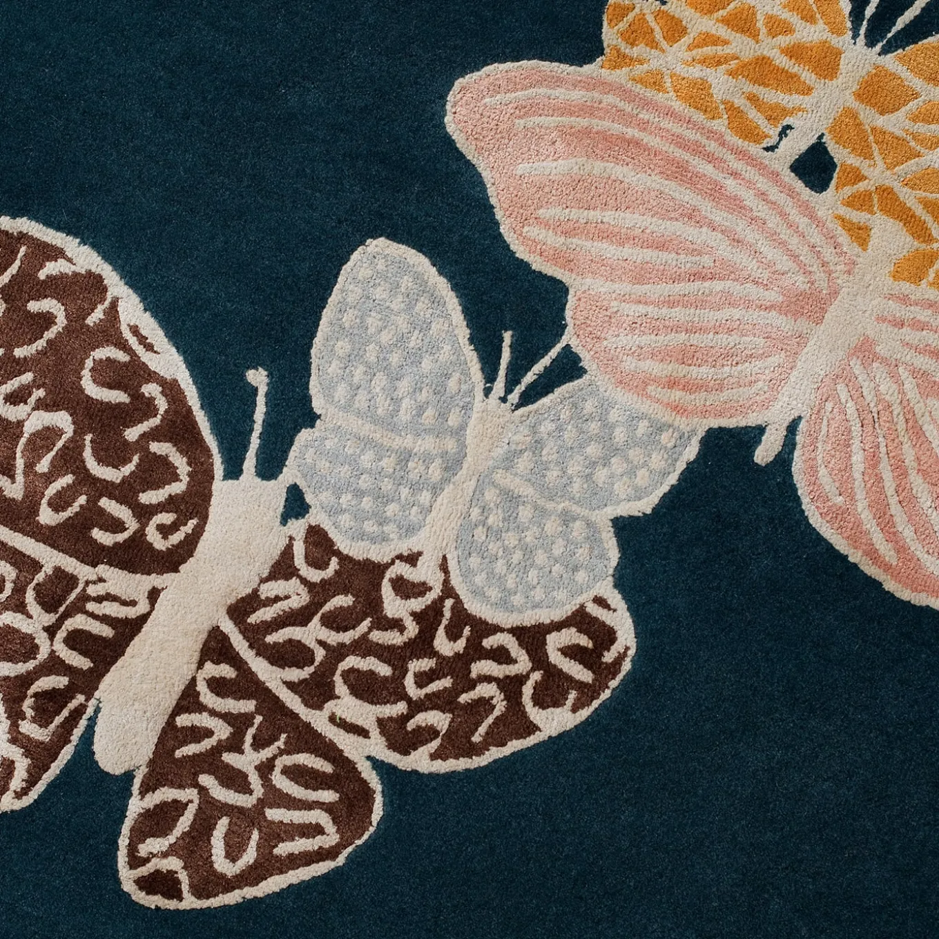 Spirit In The Night Sky Butterfly Blue Handmade Wool and Silk Round Rug