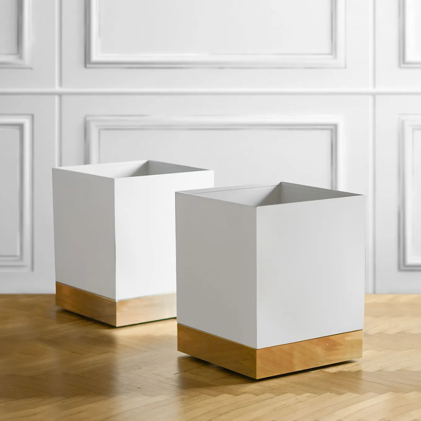 Square-Based White & Brass Metal Wheeled Cachepot