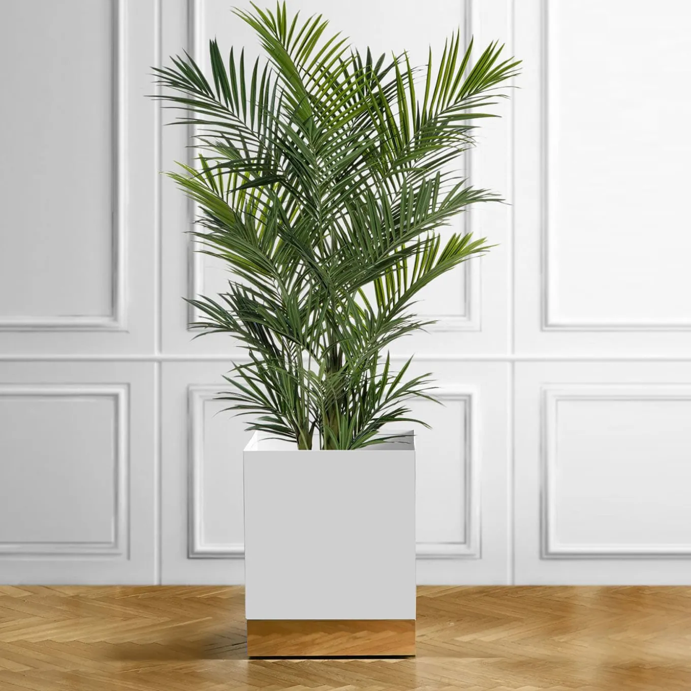 Square-Based White & Brass Metal Wheeled Cachepot