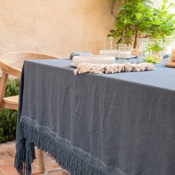 Stone Blue Tablecloth with Extra Long Fringe