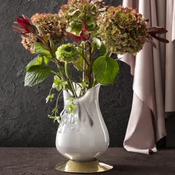 Stravedamento White Murano Glass & Hammered Brass Decorative Vase