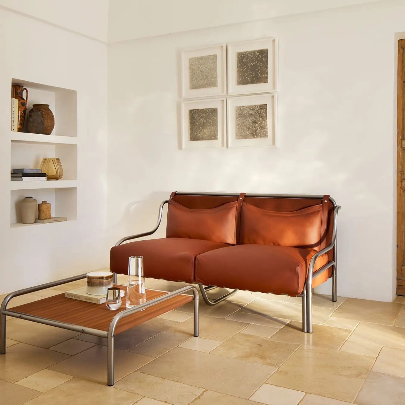 Stringa Mahogany & Stainless Steel Coffee Table by Gae Aulenti