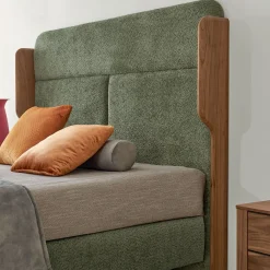 Tobia Olive Bouclé Bed with Canaletto Walnut Frame