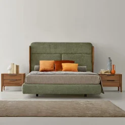 Tobia Olive Bouclé Bed with Canaletto Walnut Frame