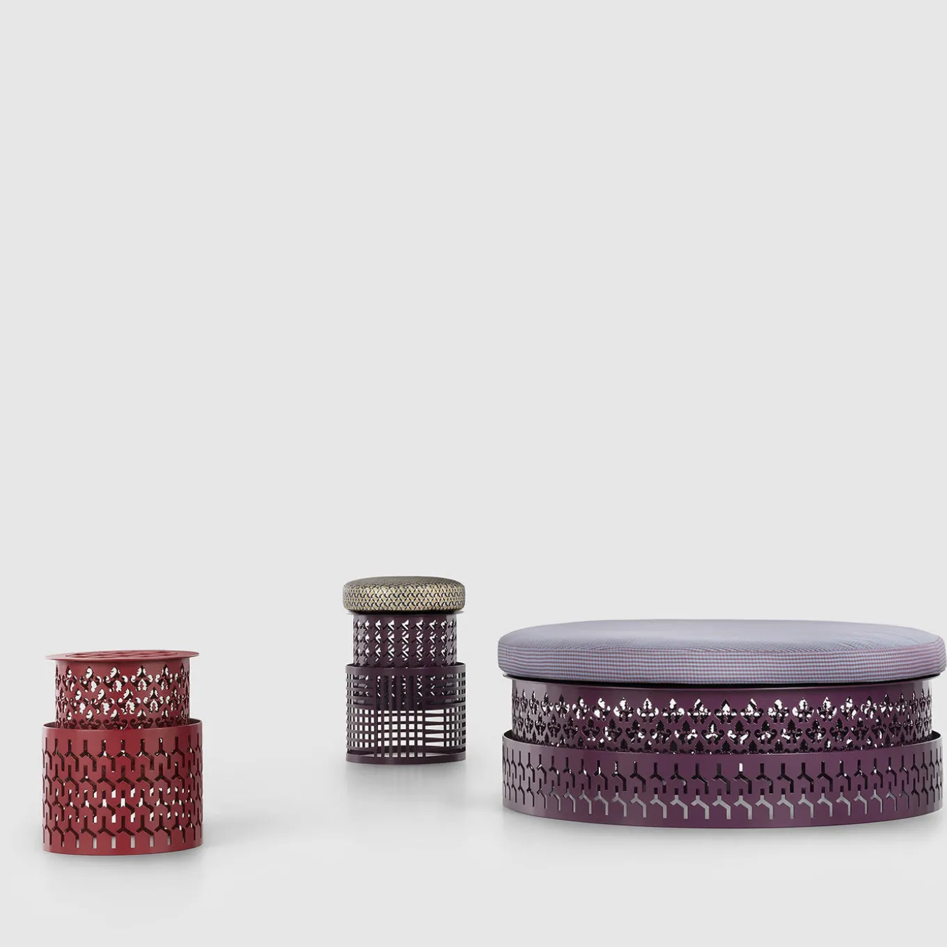 Trame Small Round Purple Pouf with Gray Cushion