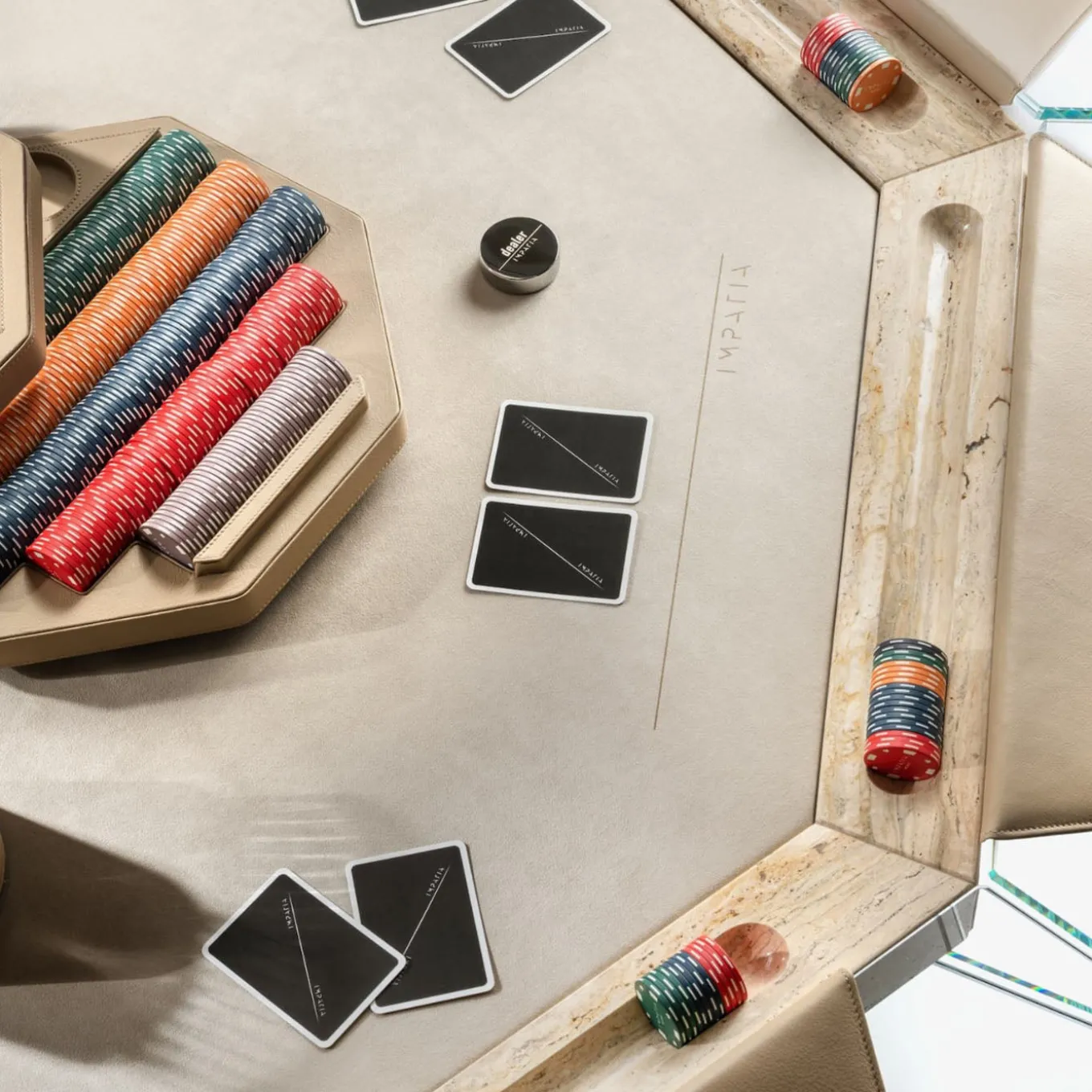 Unootto Travertine Marble and Wood Poker Table