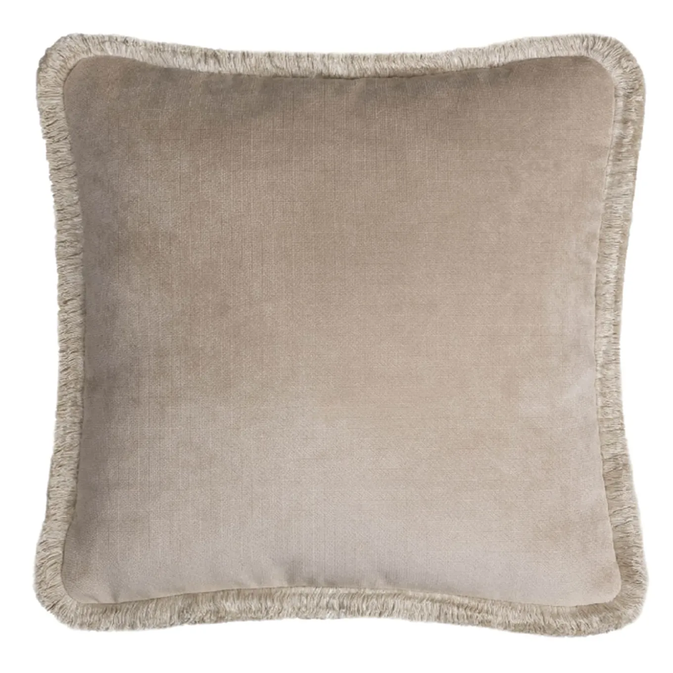 Velvet Beige Happy Pillow With Beige Fringes