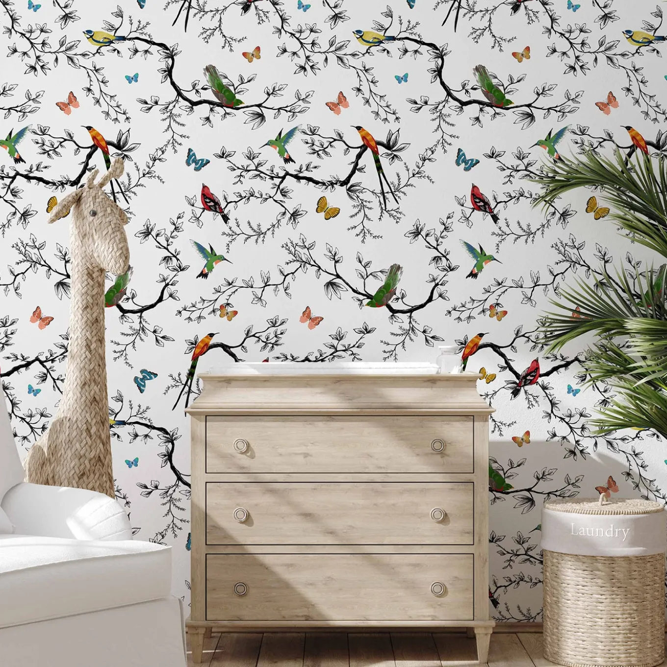 Whimsical Birds and Butterflies Wallpaper