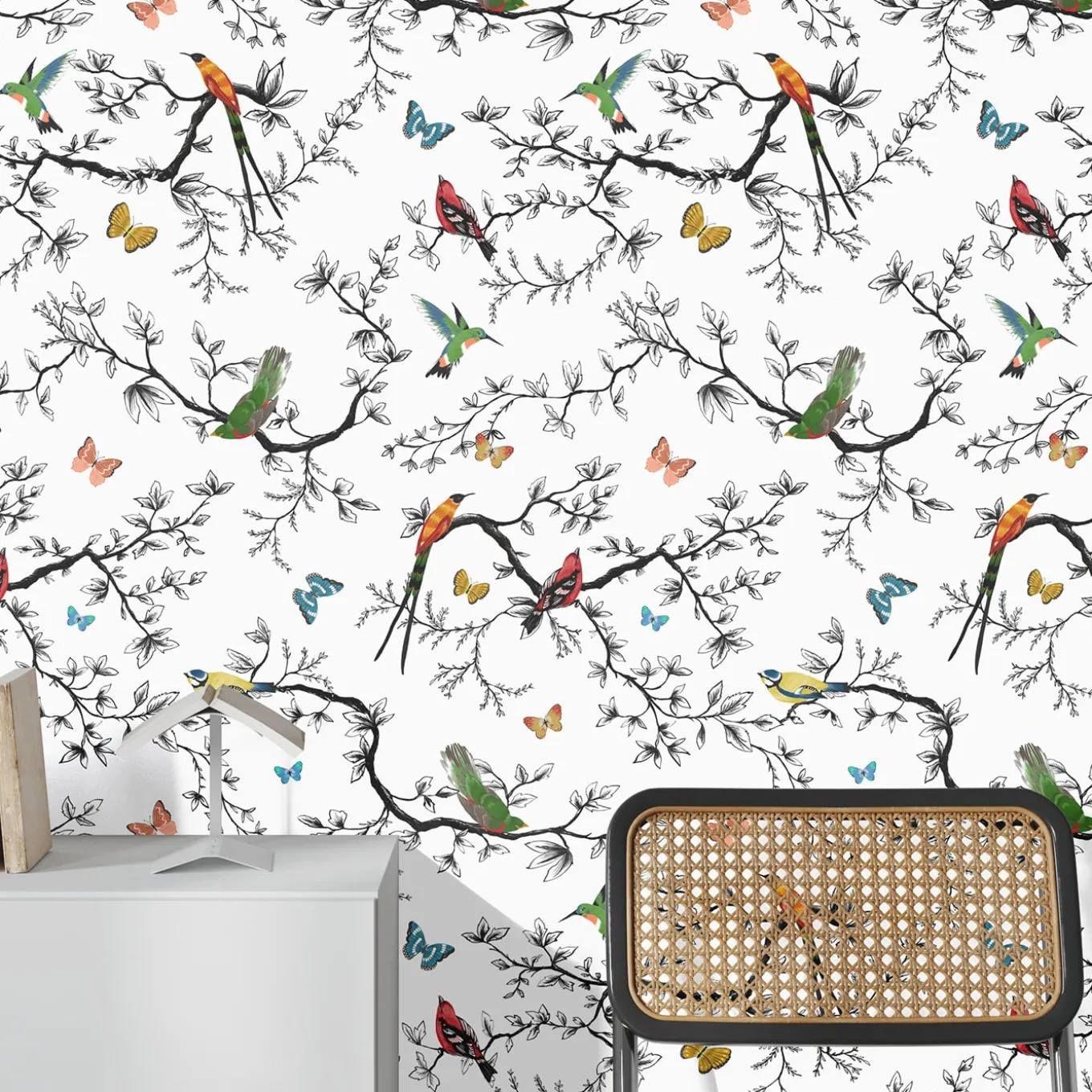 Whimsical Birds and Butterflies Wallpaper
