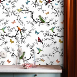 Whimsical Birds and Butterflies Wallpaper