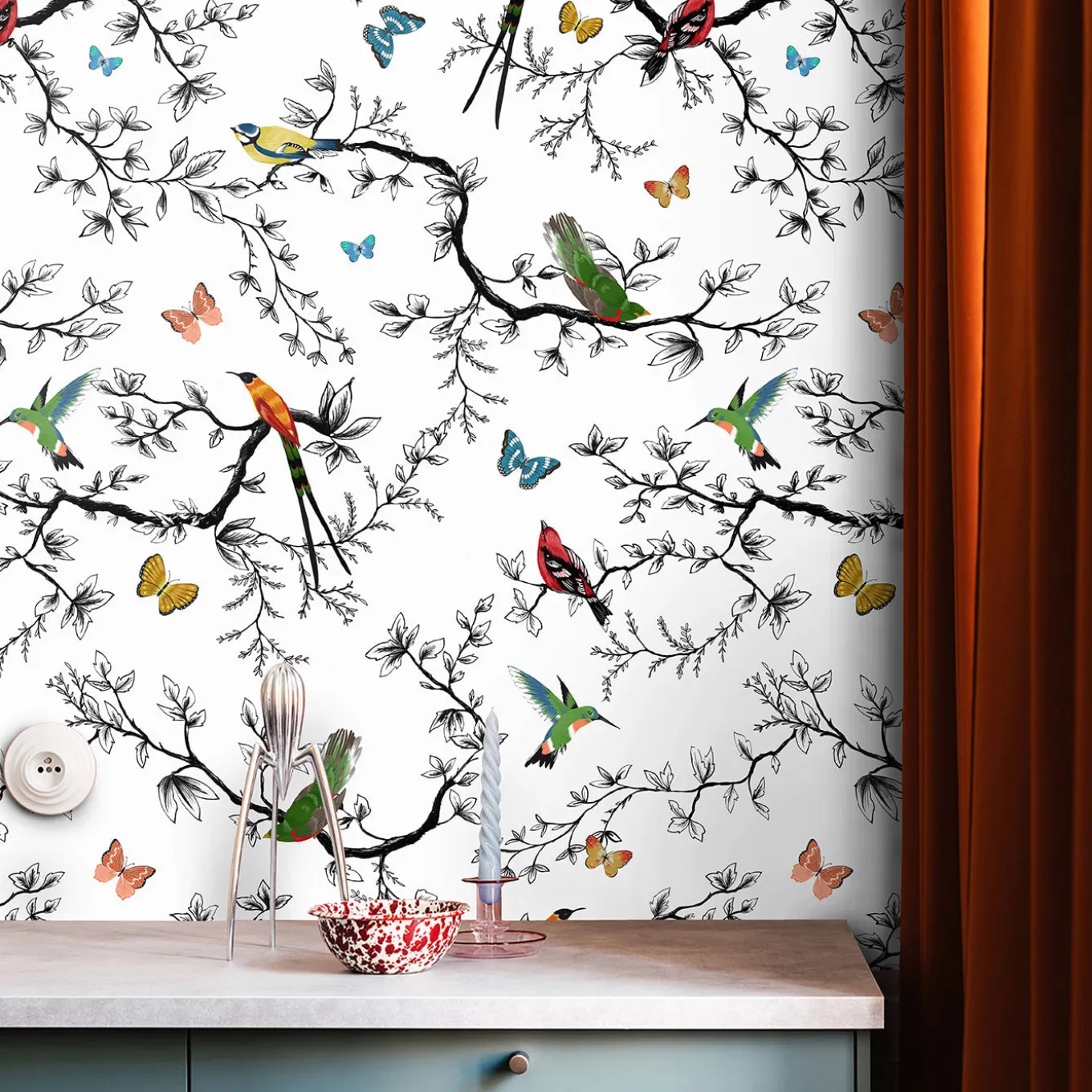 Whimsical Birds and Butterflies Wallpaper