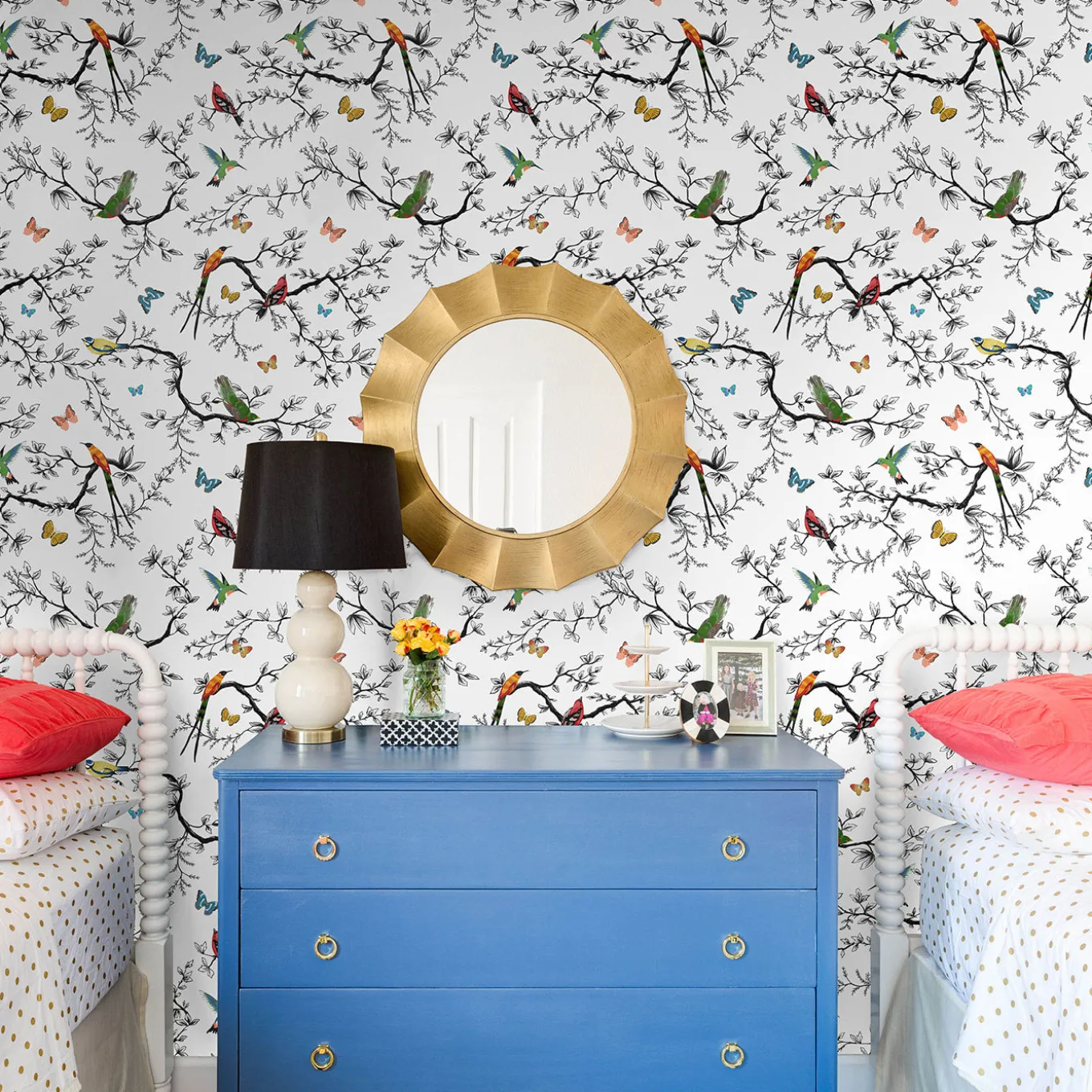 Whimsical Birds and Butterflies Wallpaper