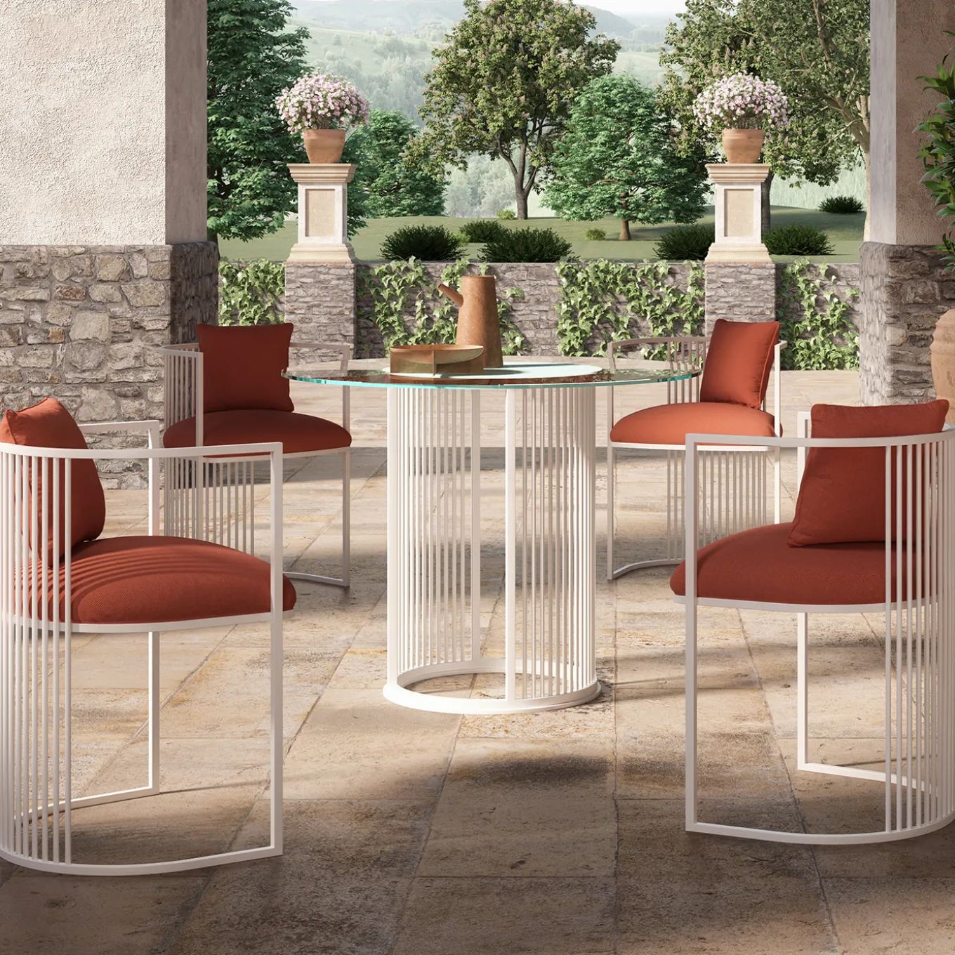 White Aura Round Outdoor Dining Table with Glass Top