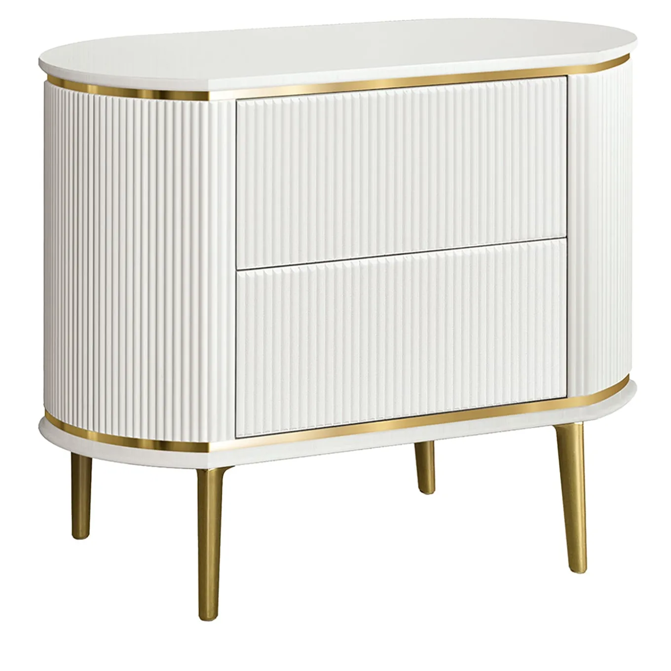 White Bedside Table with Two Drawers and Gilded Accents
