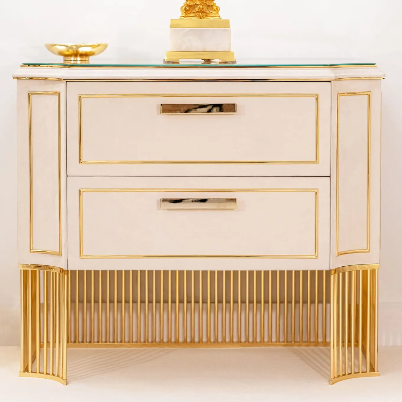 White Leather & Gold-plated Brass Nightstand