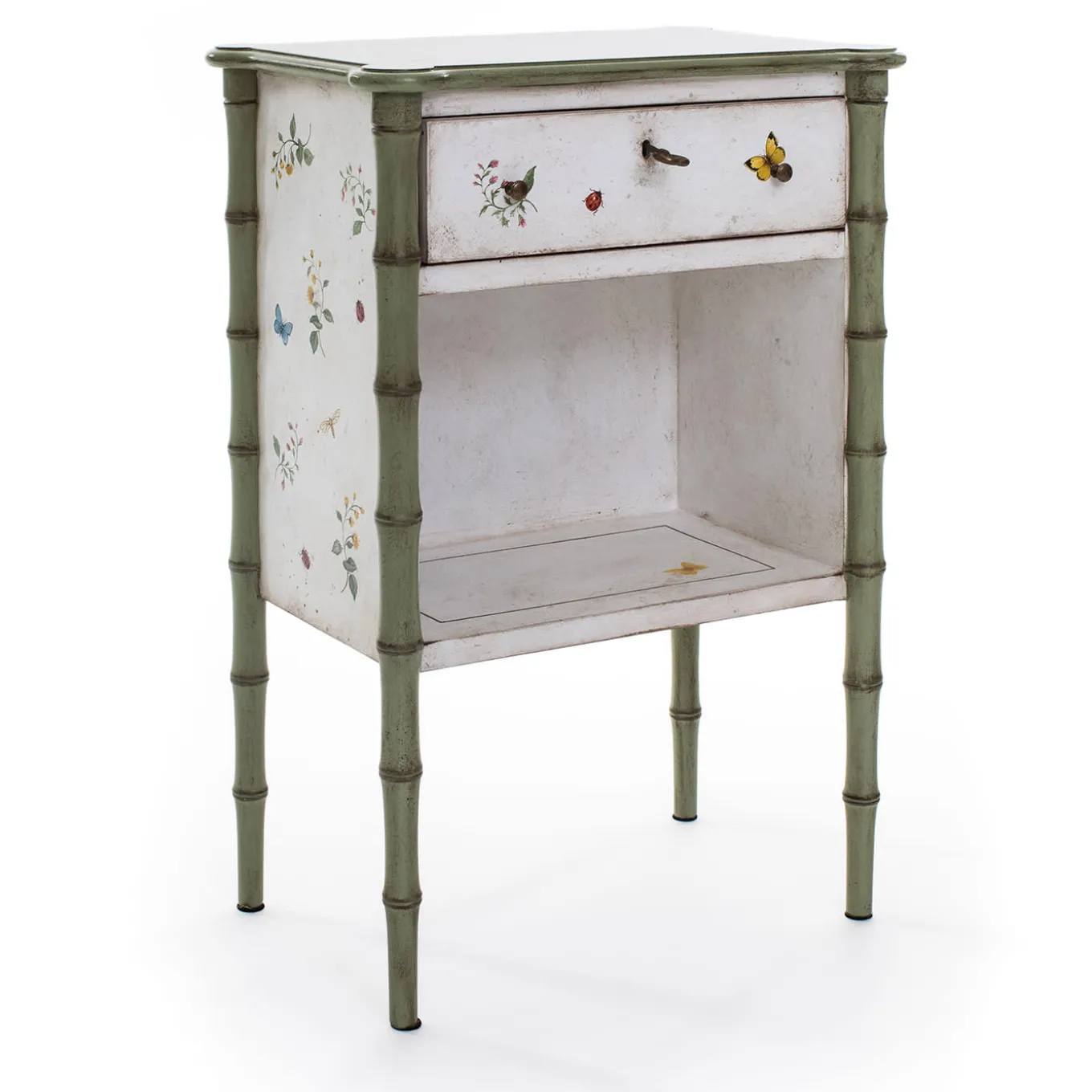 White-Green Lombardia Bamboo Nightstand with Butterflies