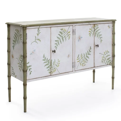 White-Green Lombardia Bamboo Cabinet with Ferns and Butterflies