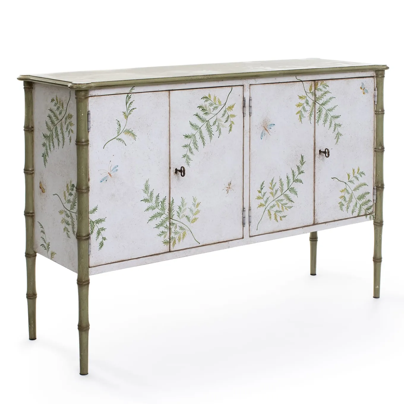 White-Green Lombardia Bamboo Cabinet with Ferns and Butterflies