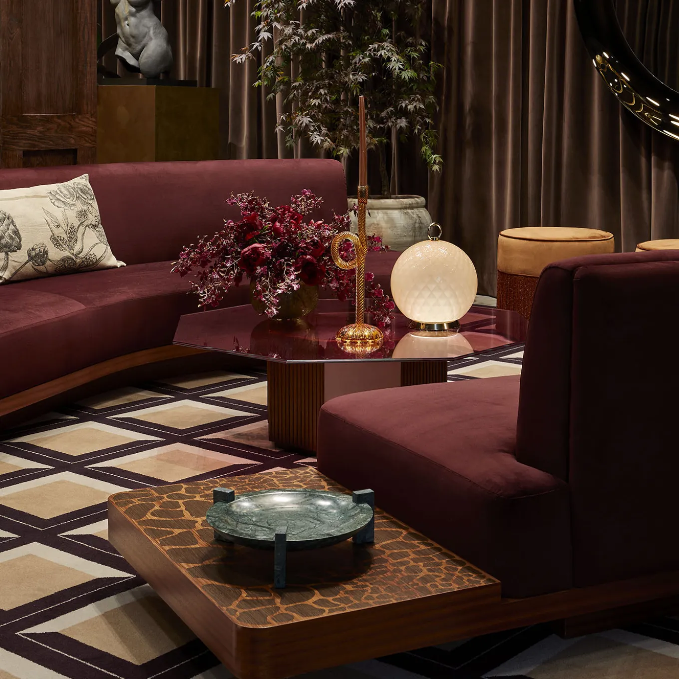 Wild Side Curved Red Wine Sofa with Table by Lorenza Bozzoli