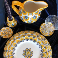 Yellow Peacock Feather Majolica Dining Set